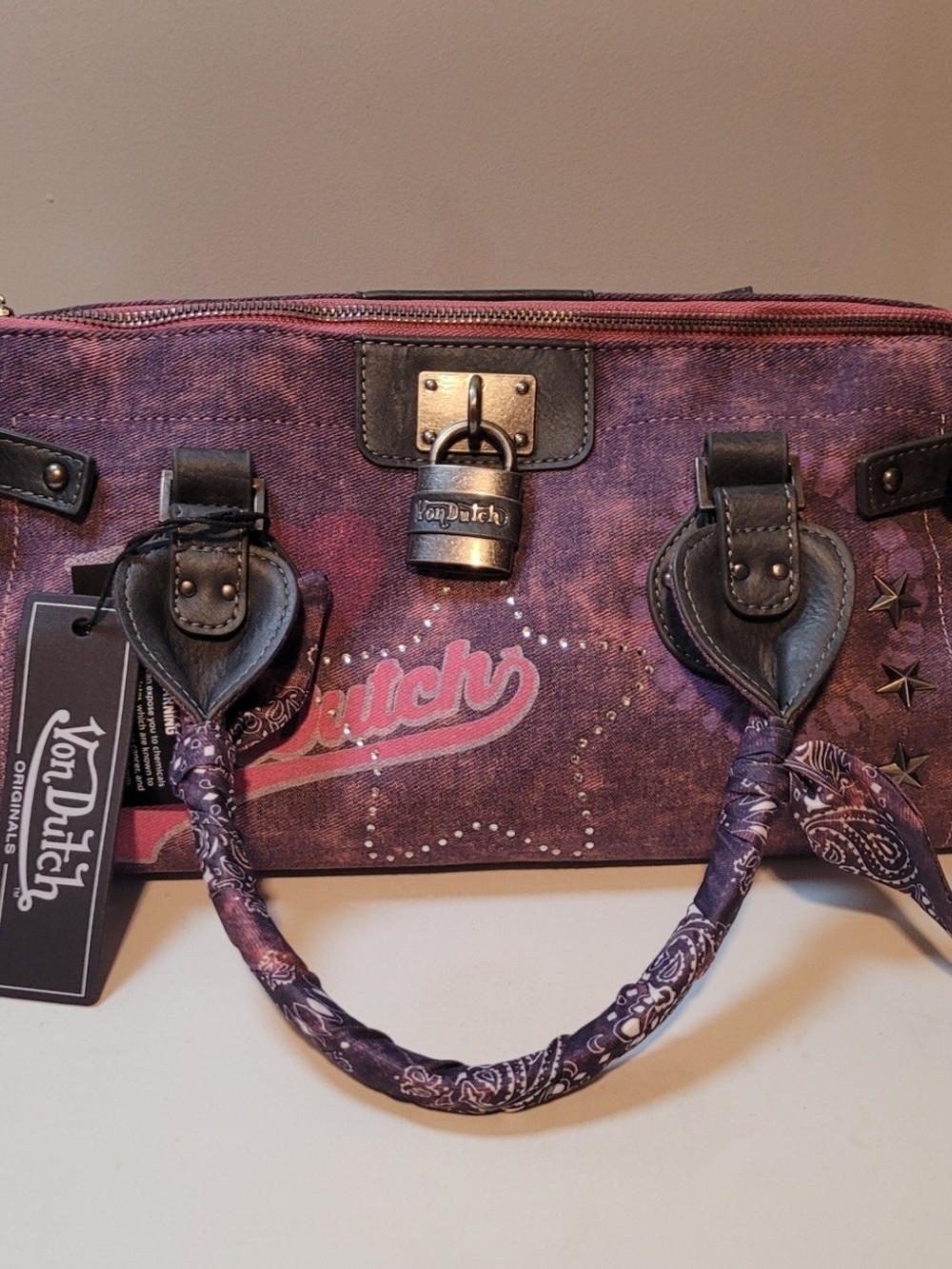 Von Dutch Purple and Pink Satchel with Logo and Bandana-Wrapped Handles